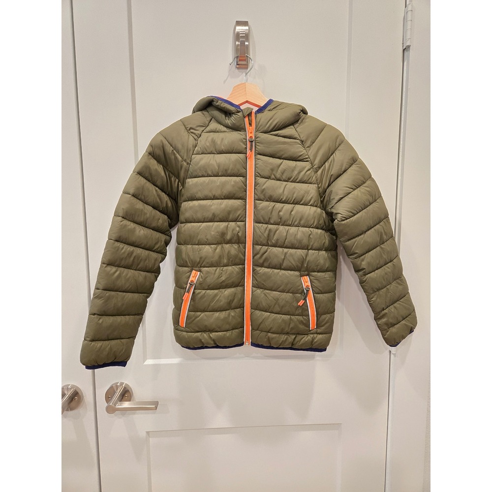 Mini Boden Kids Olive Green Packable Puffer Jacket Hooded Orange Zip 10-11 Years - Picture 2 of 11